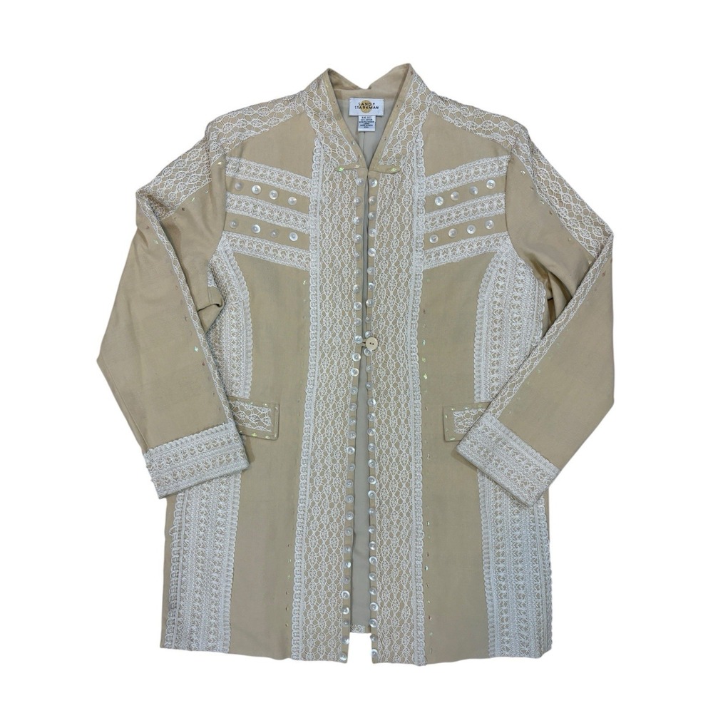 Vtg 90s Sandy Starkeman Cotton Coat Tan 2xl Lace Sequin Button Front Long‎ Boho